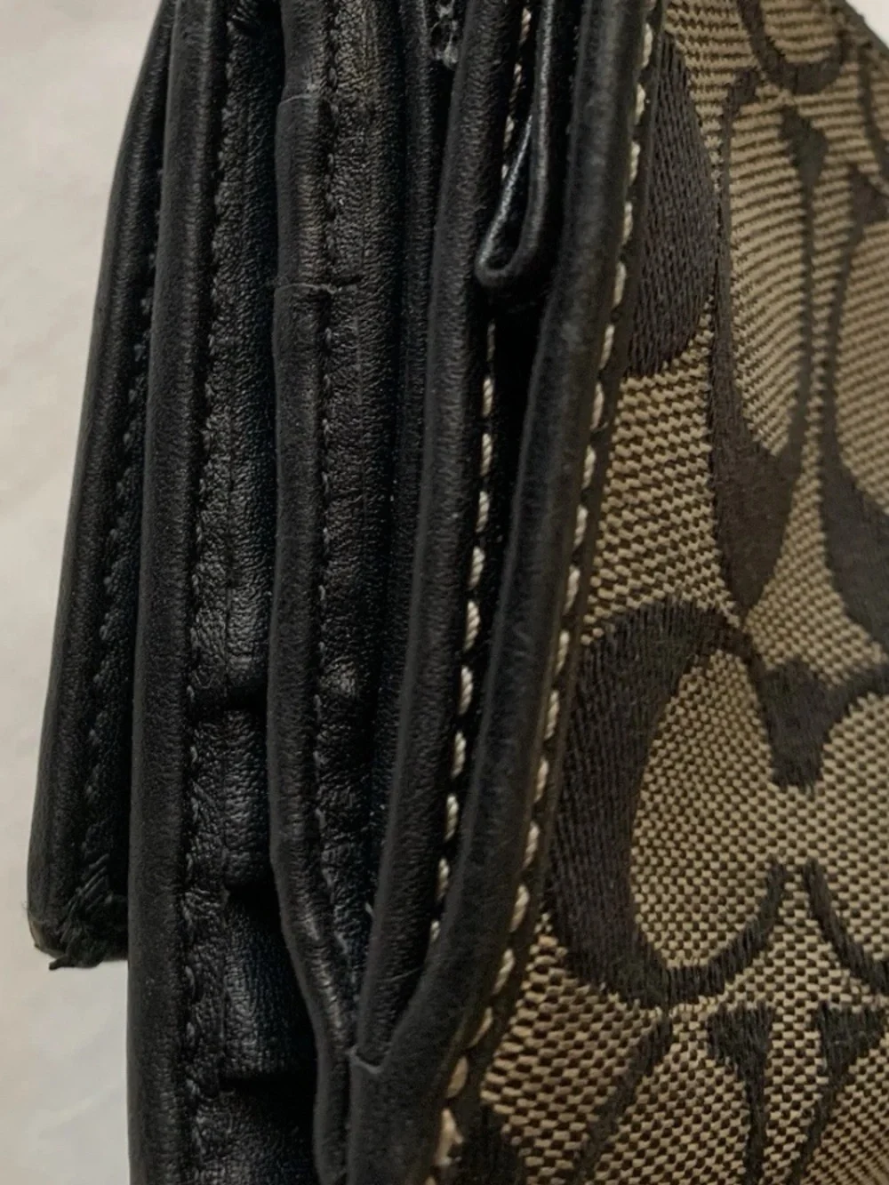 Coach Monogram Foldover Wallet in Black and gray leather interior
